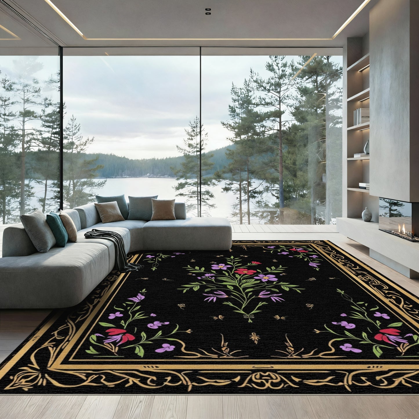 Black Floral Garden Border Rug