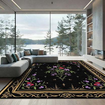 Black Floral Garden Border Rug