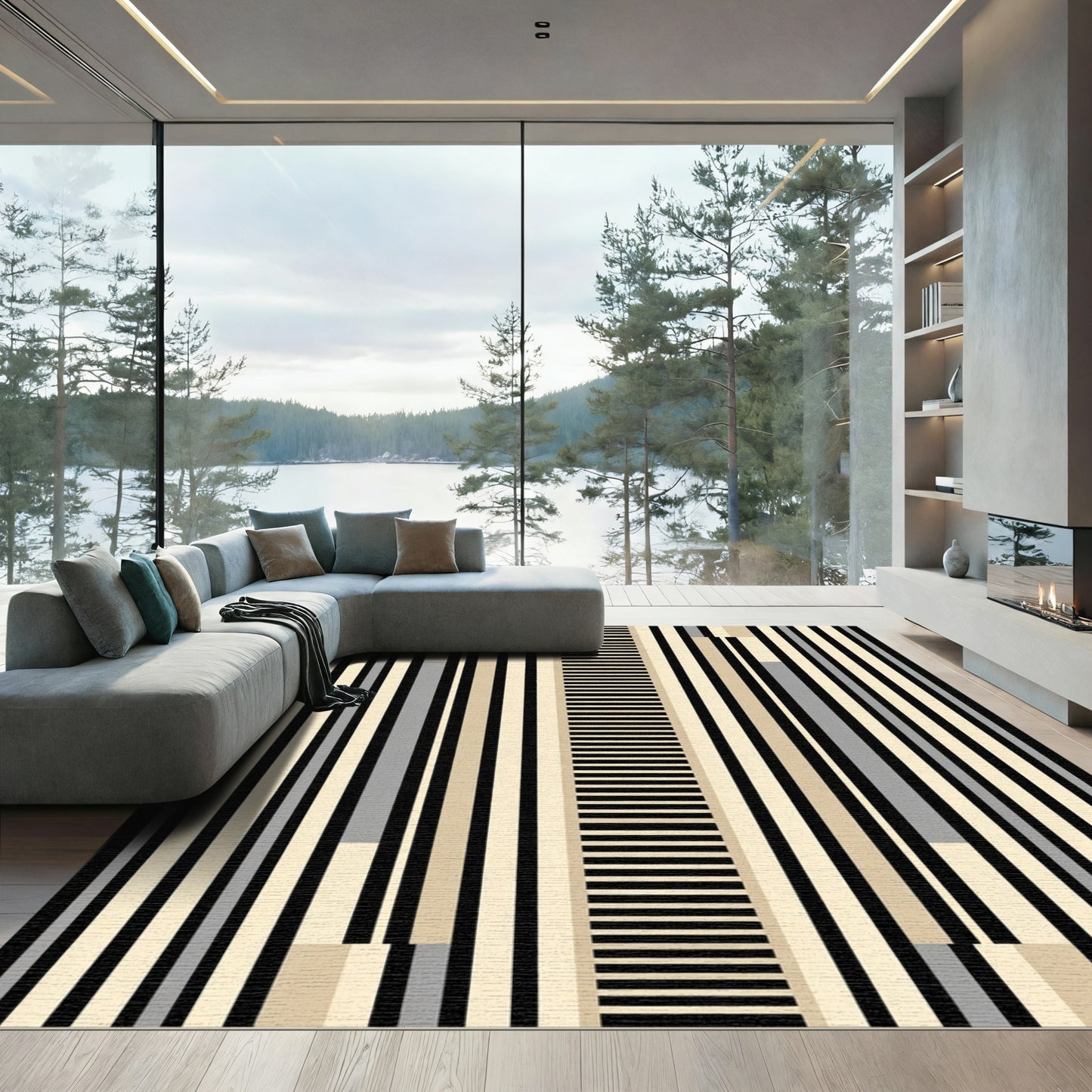 Modern Black Cream Striped Column Rug