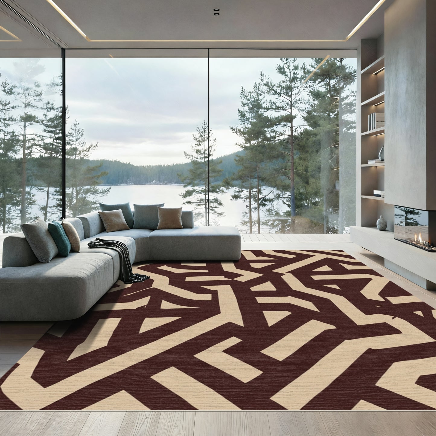Chocolate Stone Abstract Interlocking Lines Rug