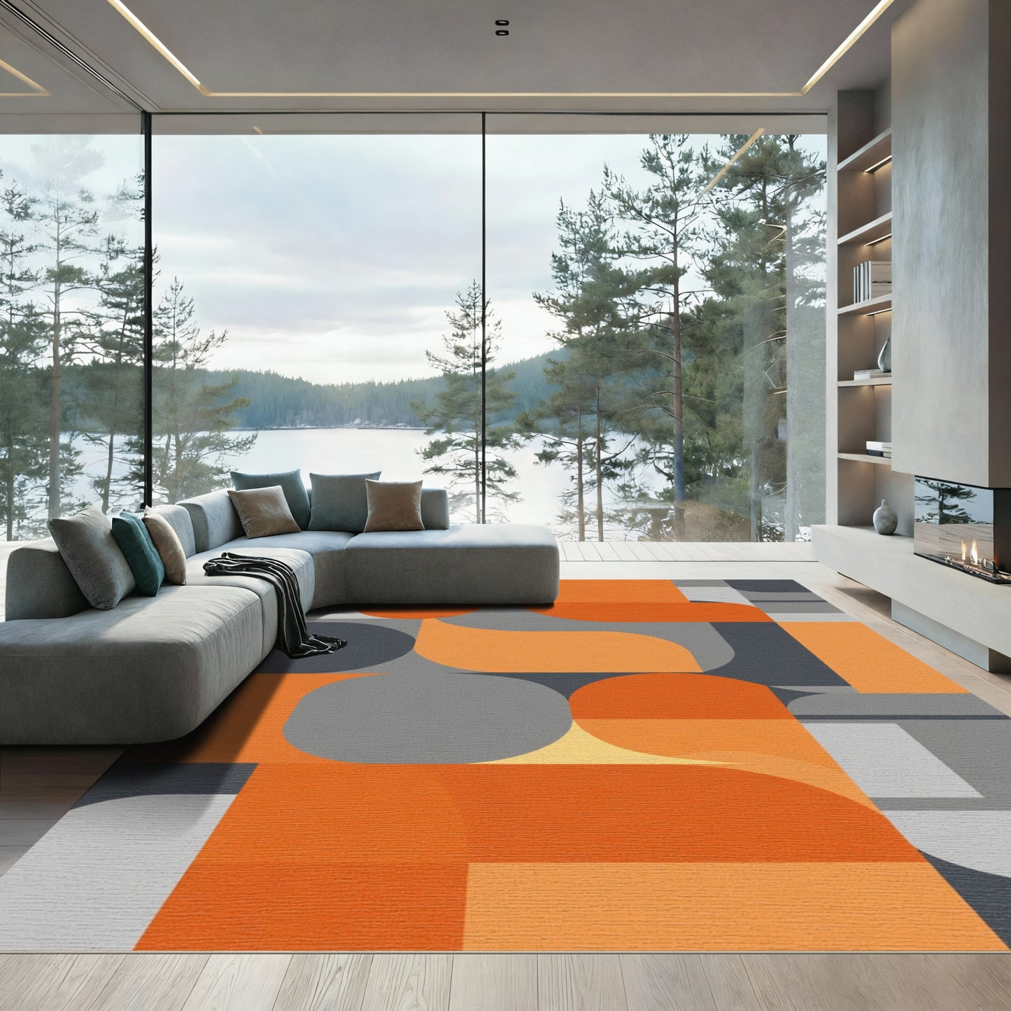 Geometric Orange Gray Abstract Shapes Rug