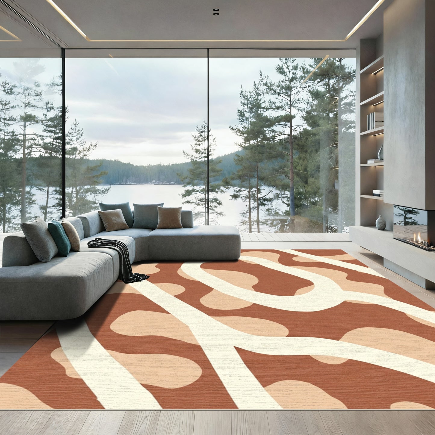 Abstract Cream Wavy Terracotta Rug