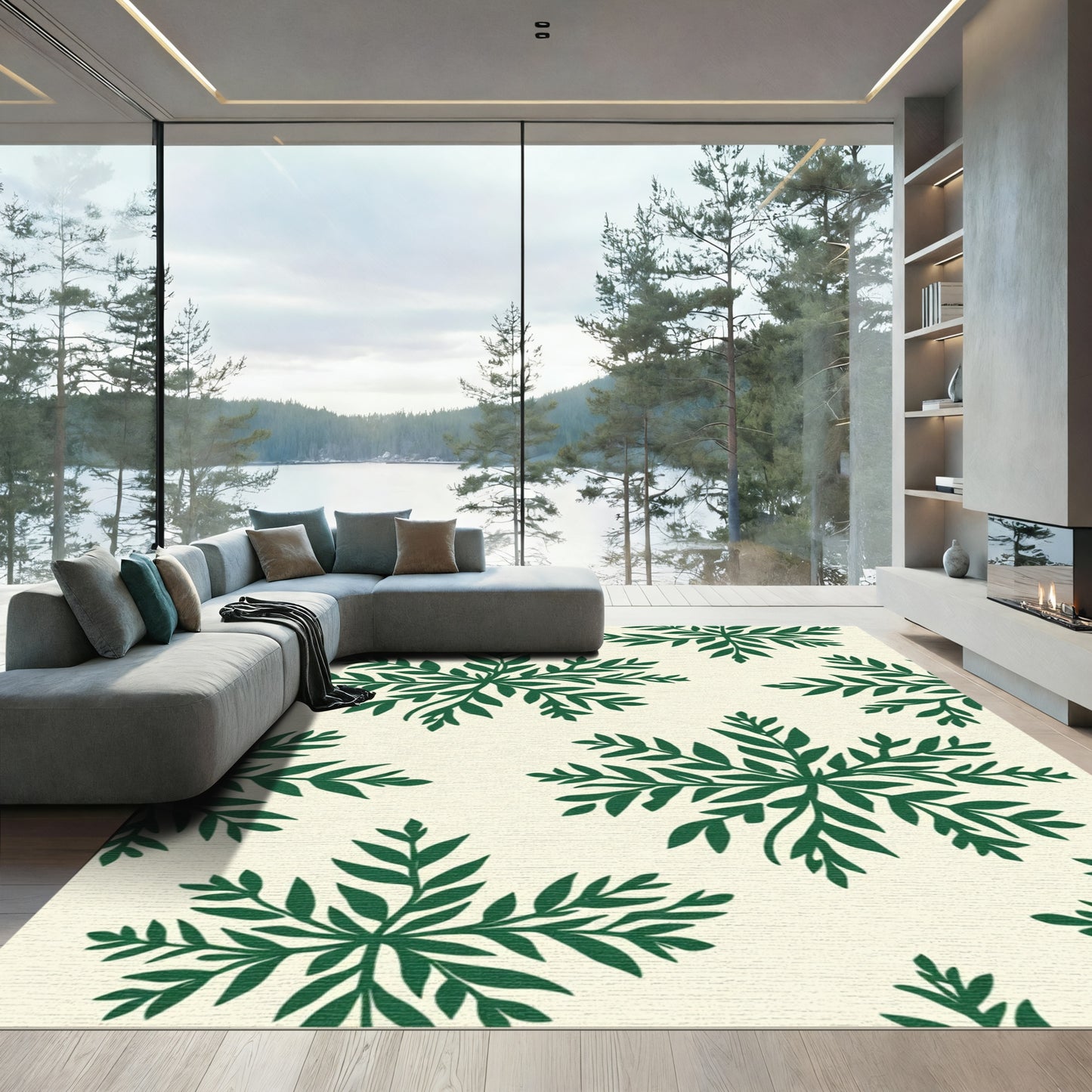 Deep Forest Green Leaf Medallions Rug