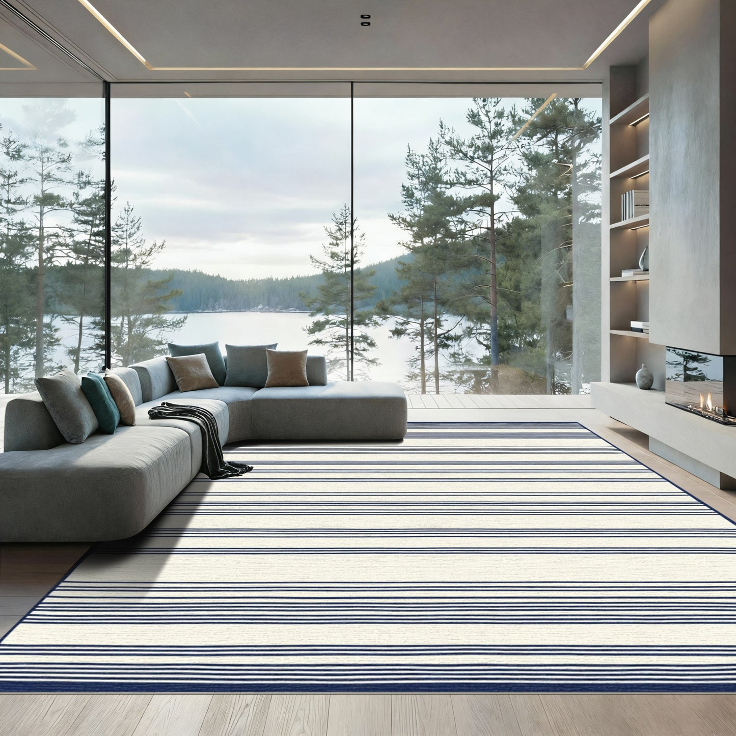 Navy Cream Horizontal Stripe Rug