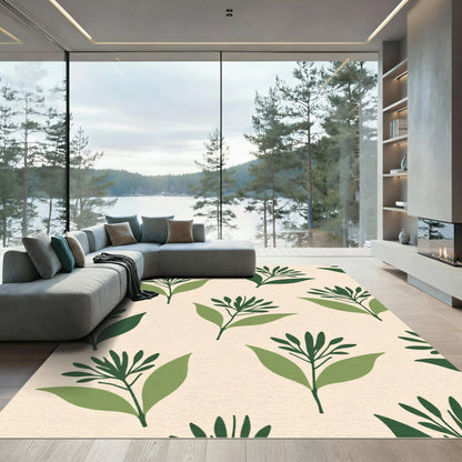 Green Leafy Branch Pattern Beige Rug