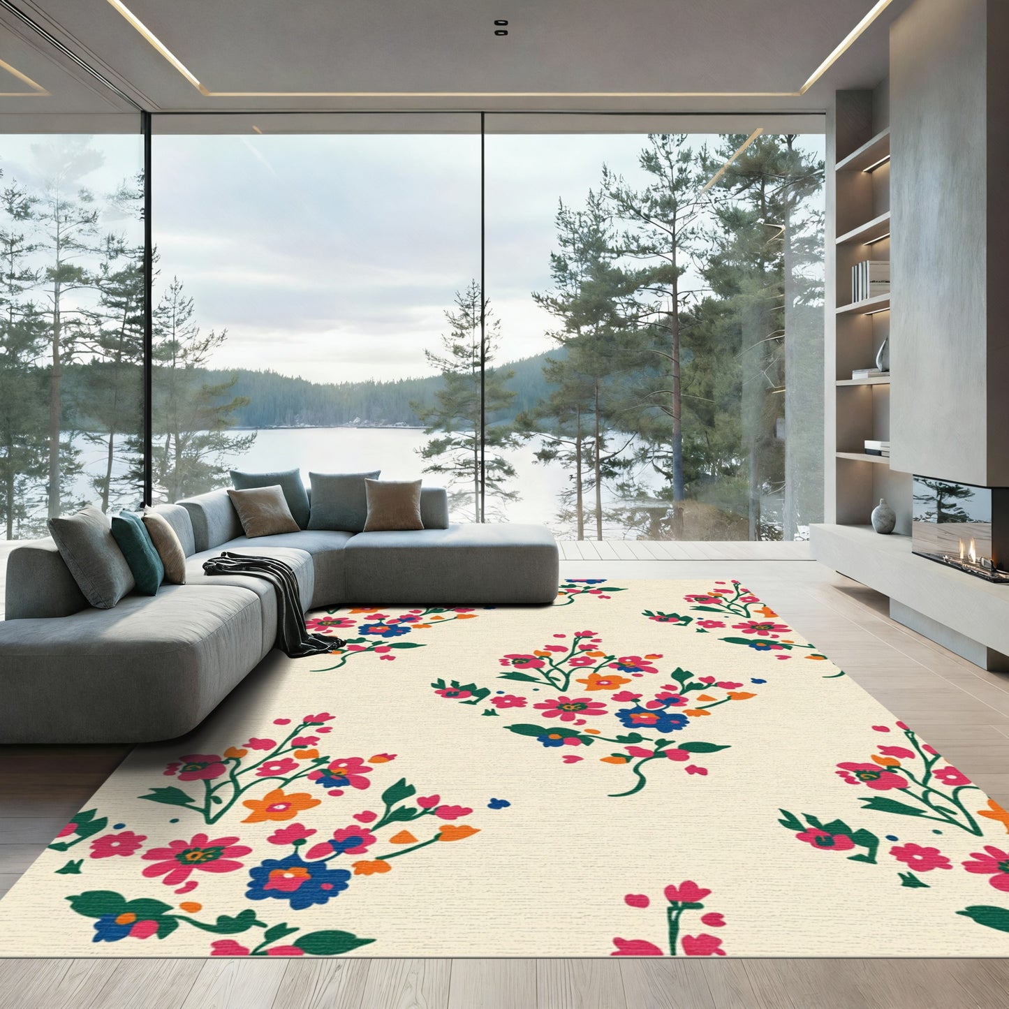 Vibrant Coral Blue Garden Sprigs Rug