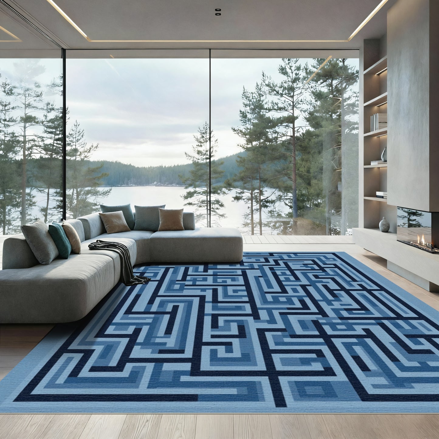 Deep Blue Geometric Maze Rug