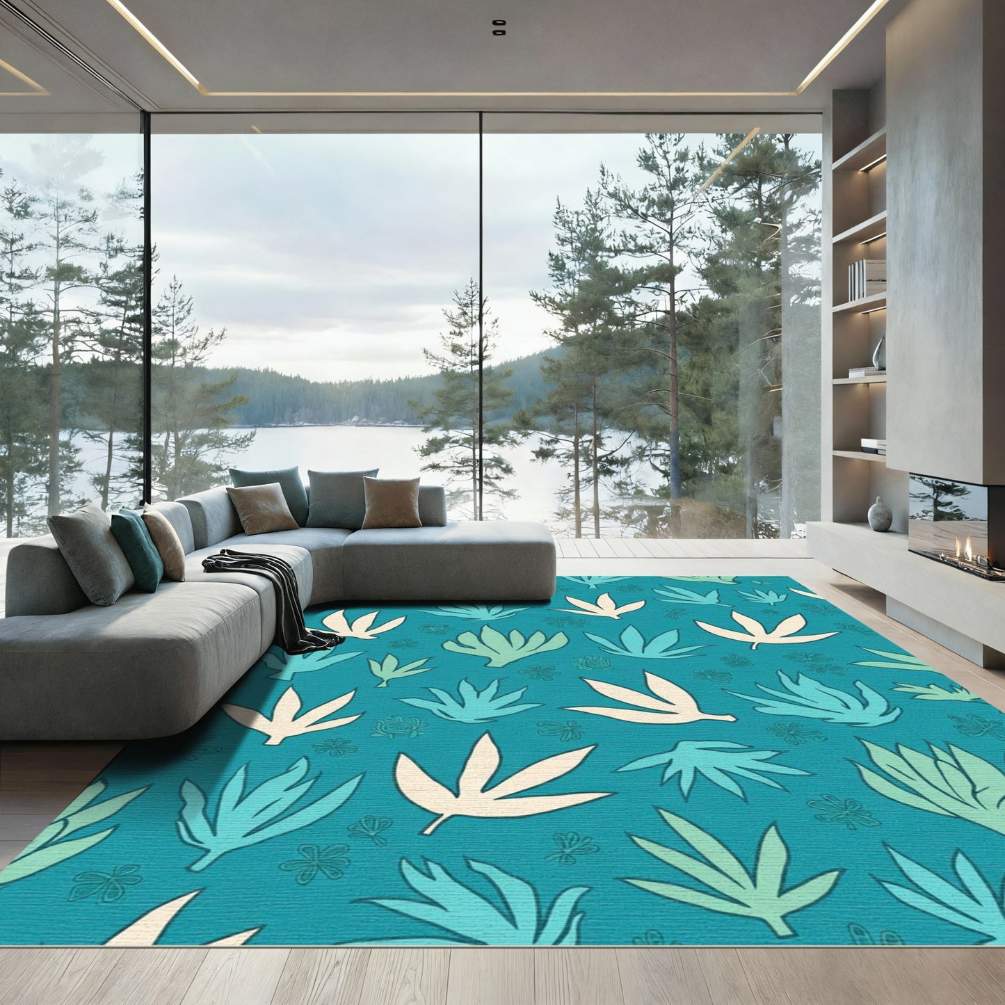 Deep Teal Tropical Leaf Scatter Rug