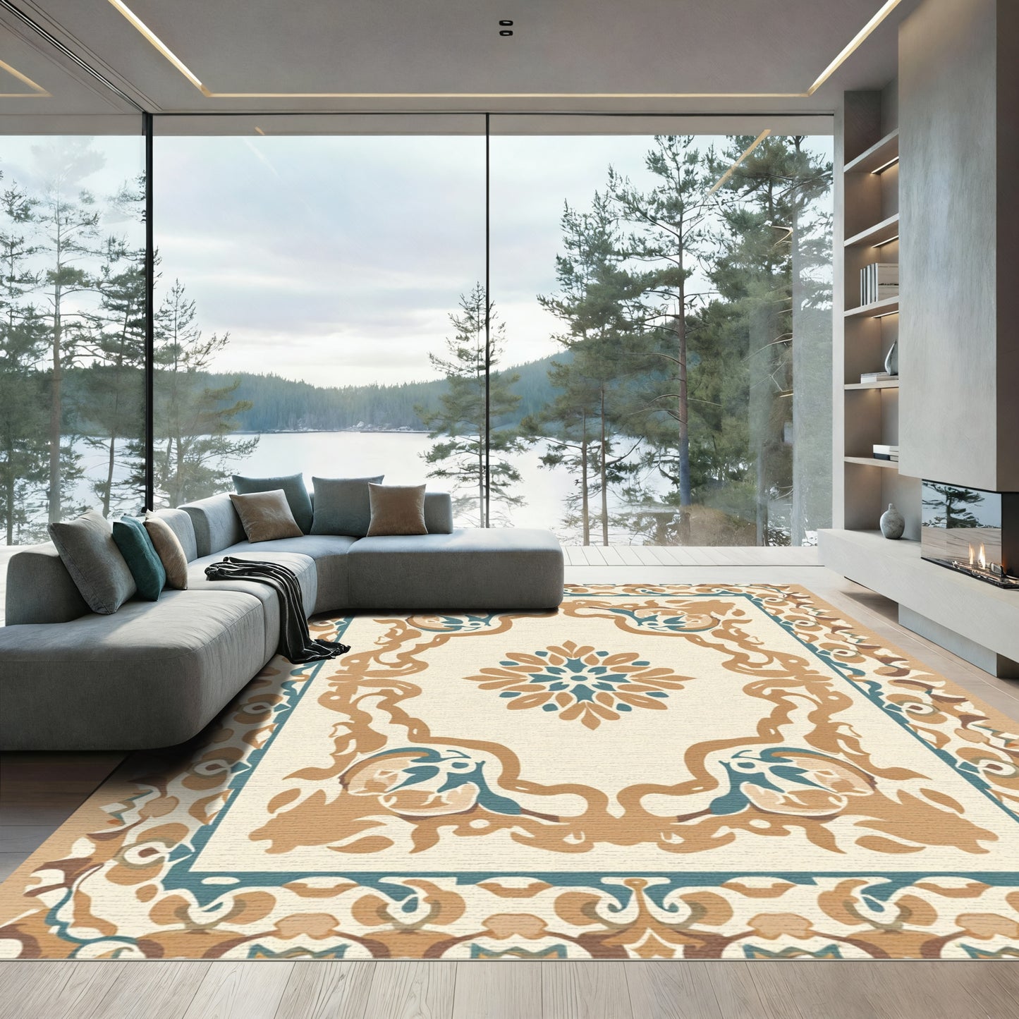 Cream Brown Teal Medallion Border Rug