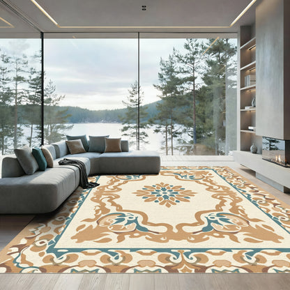 Cream Brown Teal Medallion Border Rug