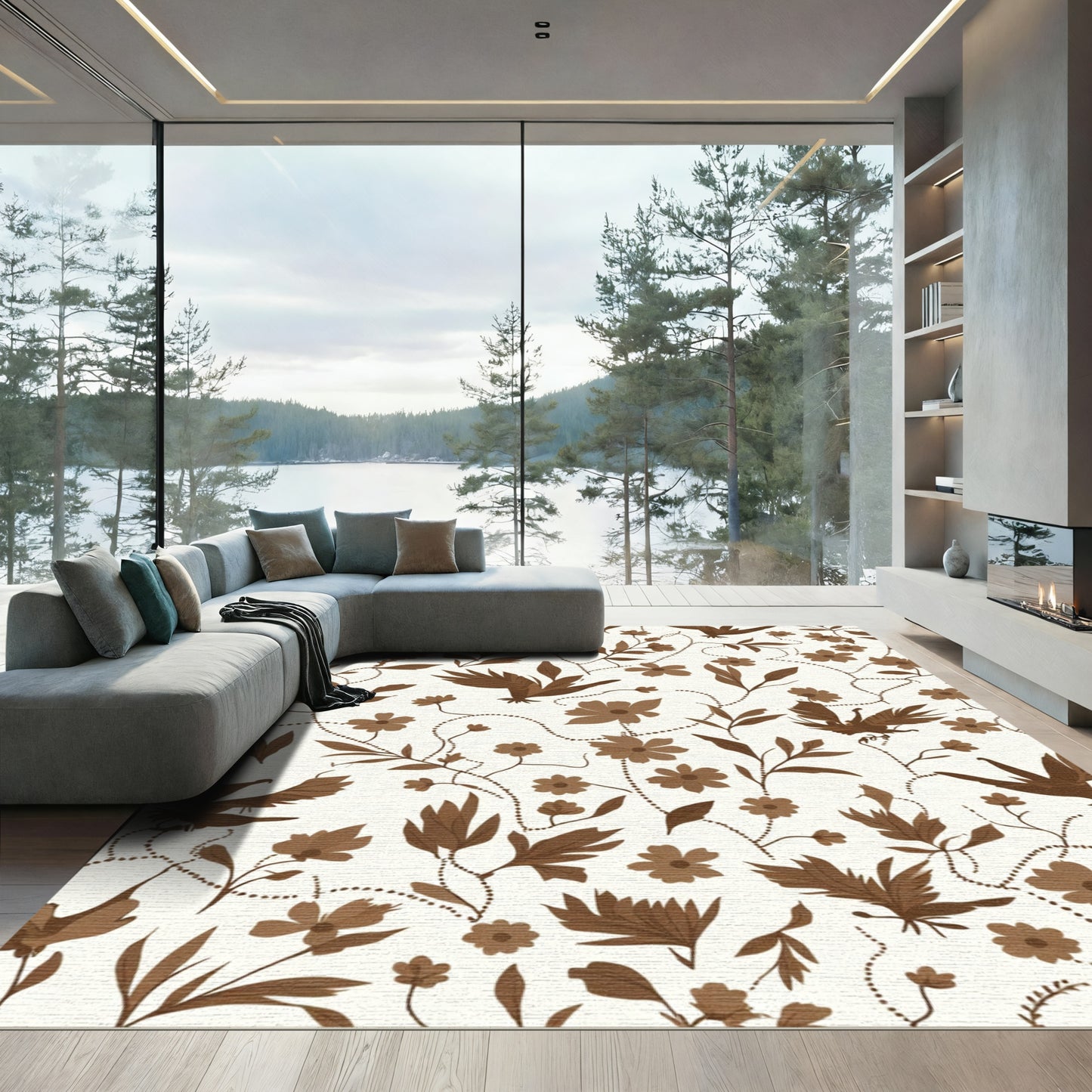 Brown Floral Bird Vine Repeat Rug