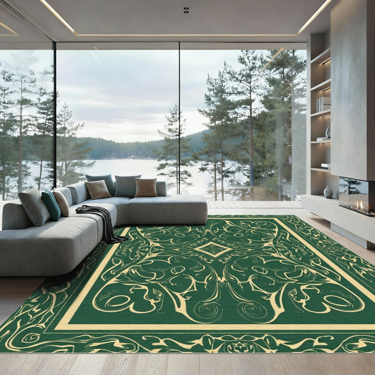 Dark Emerald Cream Arabesque Scroll Rug