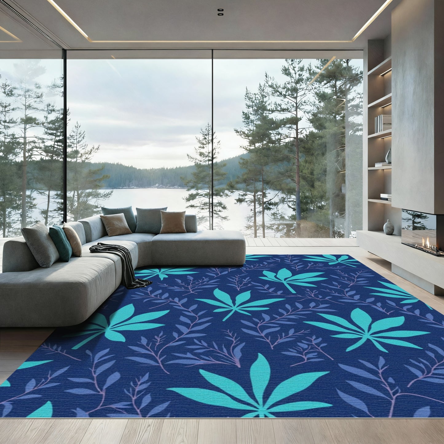 Deep Blue Tropical Leaf Foliage Rug