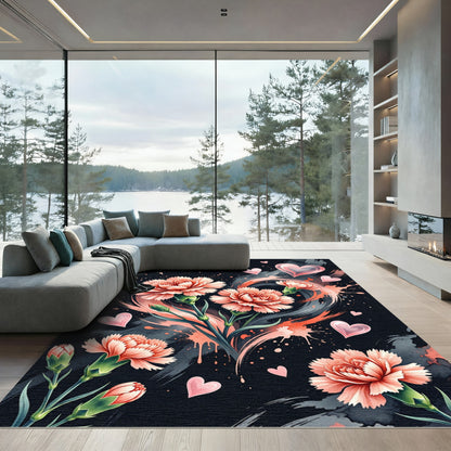 Coral Carnations With Pink Hearts Background Rug
