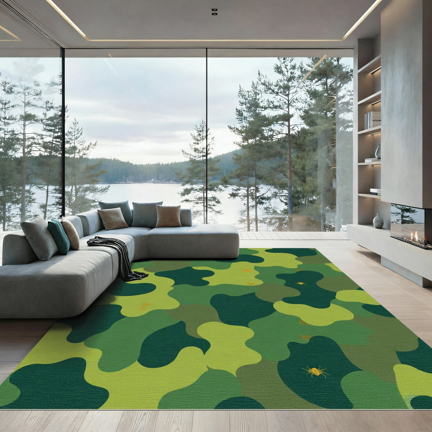 Green Camouflage Golden Spider Accents Rug