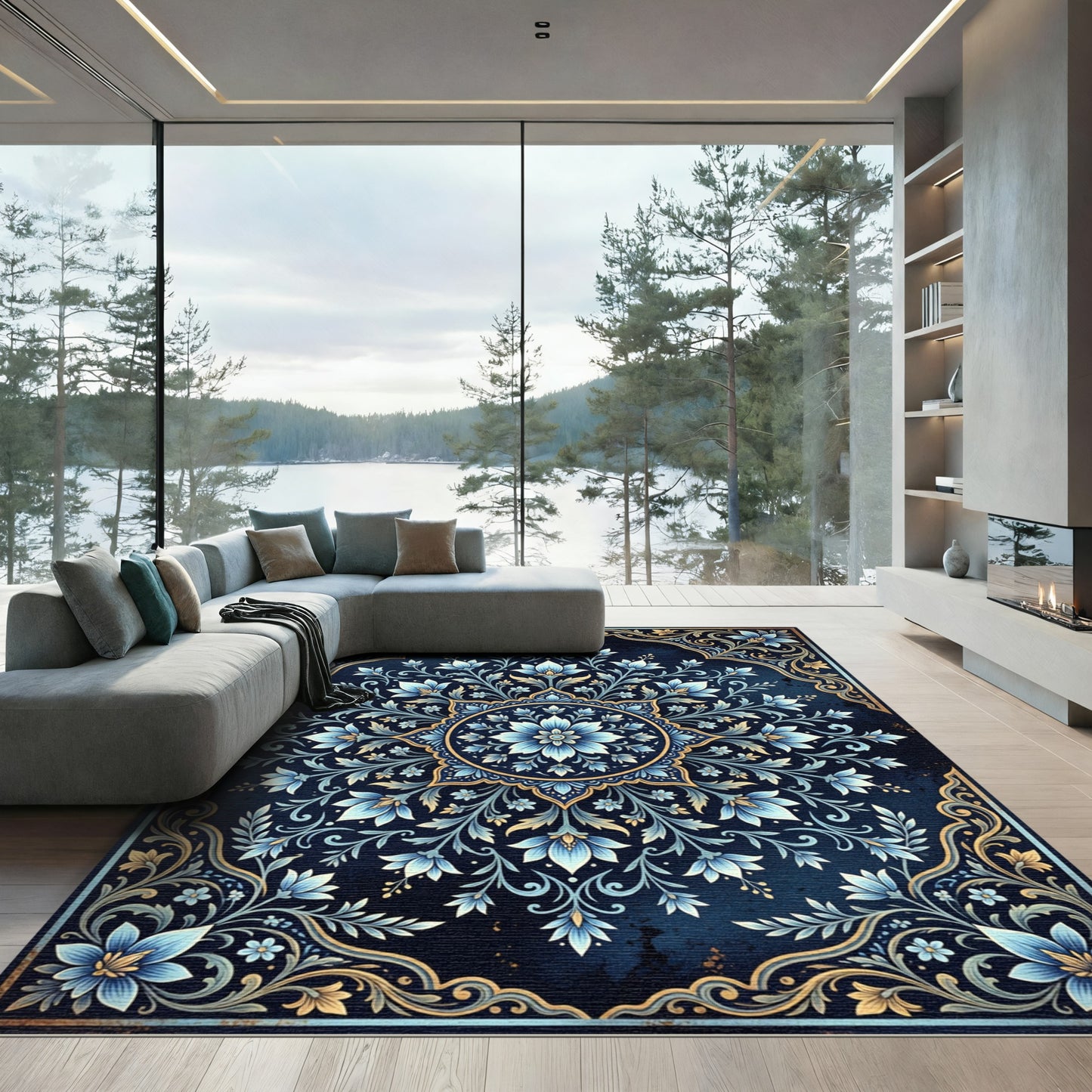 Deep Blue Golden Floral Medallion Rug