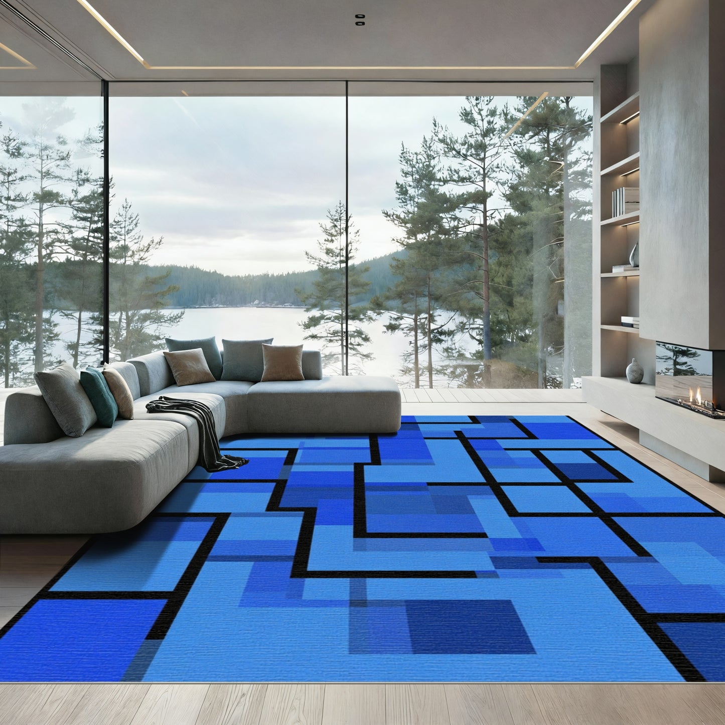 Abstract Blue Mondrian Rectangles Rug
