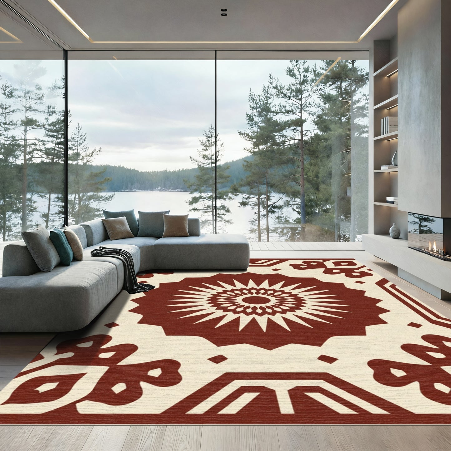 Rich Crimson Sunburst Geometric Rug