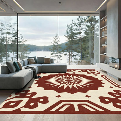 Rich Crimson Sunburst Geometric Rug
