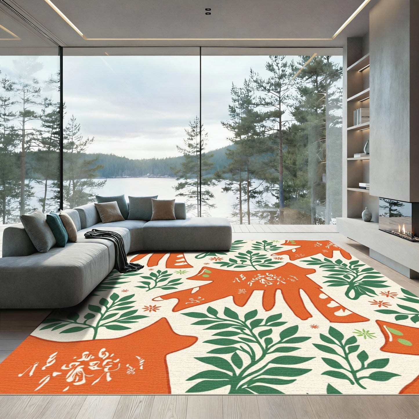 Orange Folk Art Fox Floral Rug