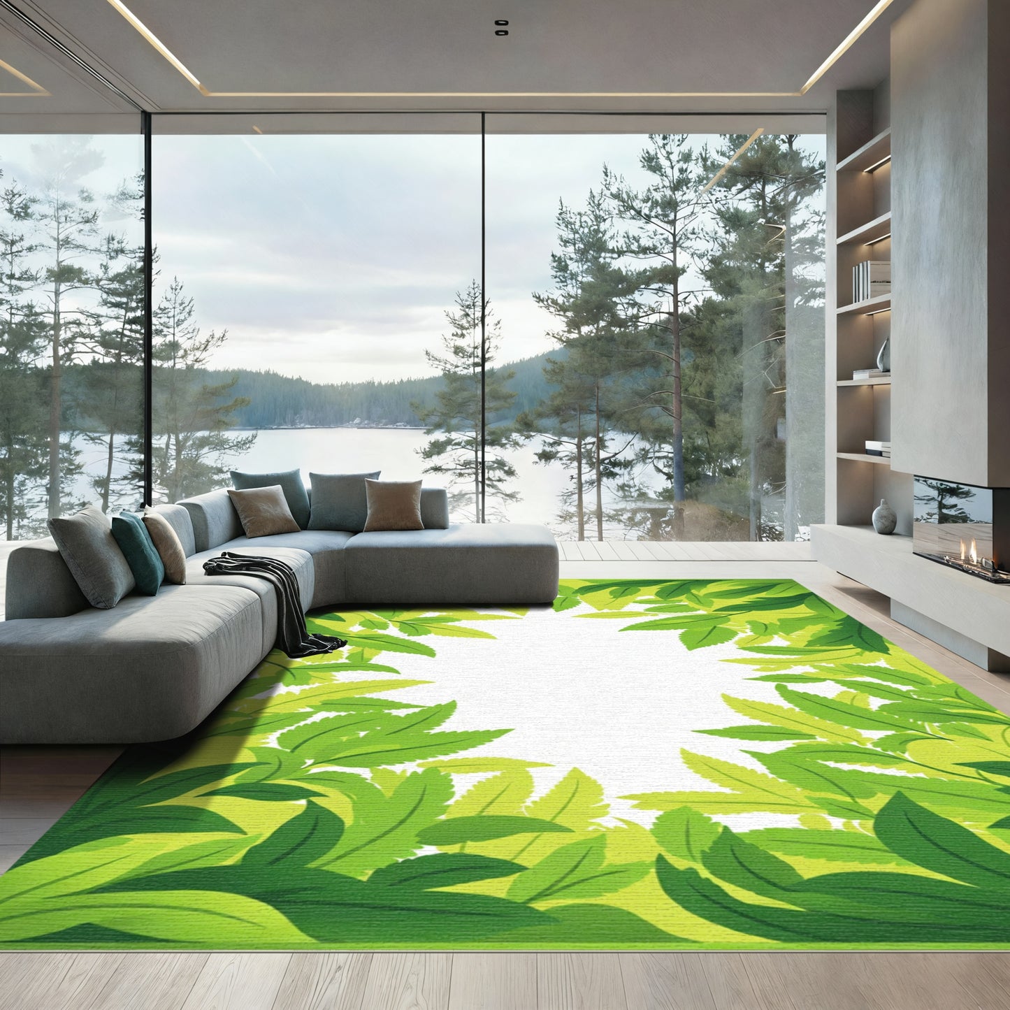 Vibrant Lush Green Leafy Border Rug