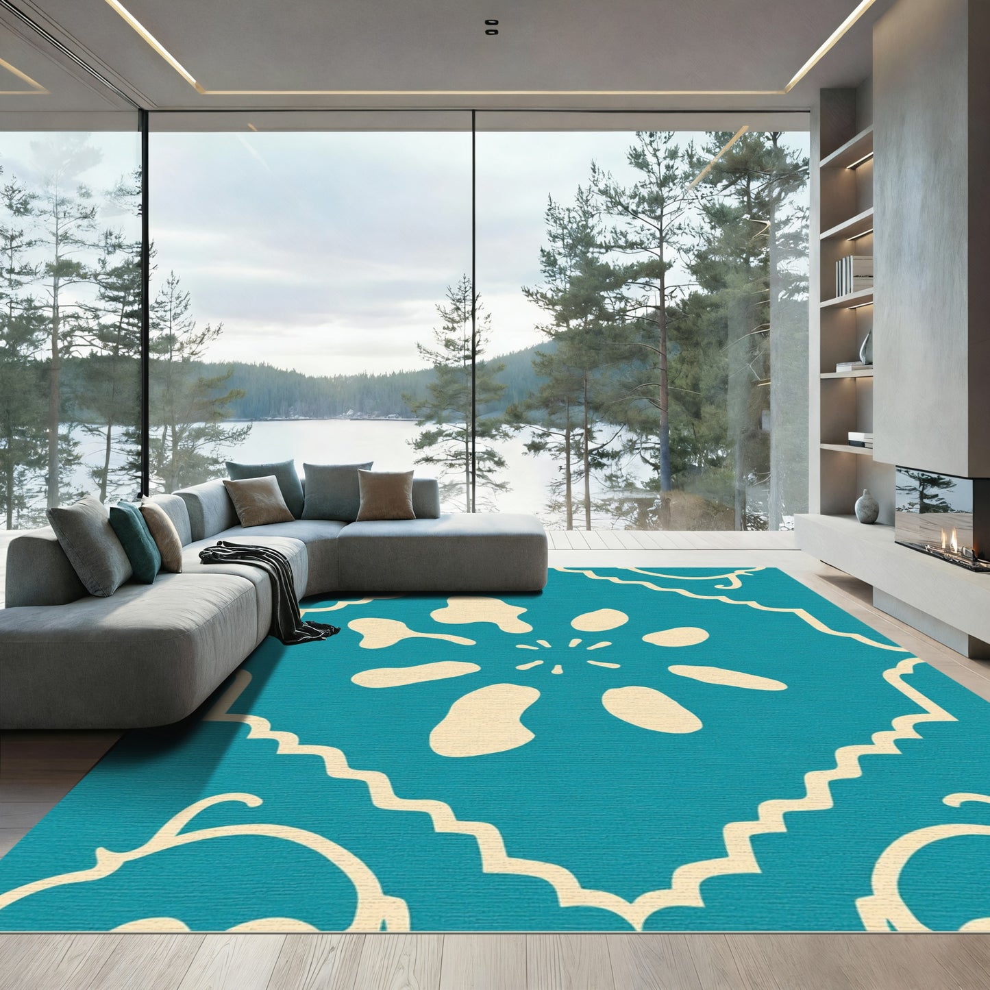 Teal Cream Stylized Flower Medallion Rug