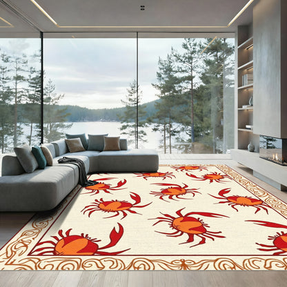 Red Orange Crab Motif With Border Rug