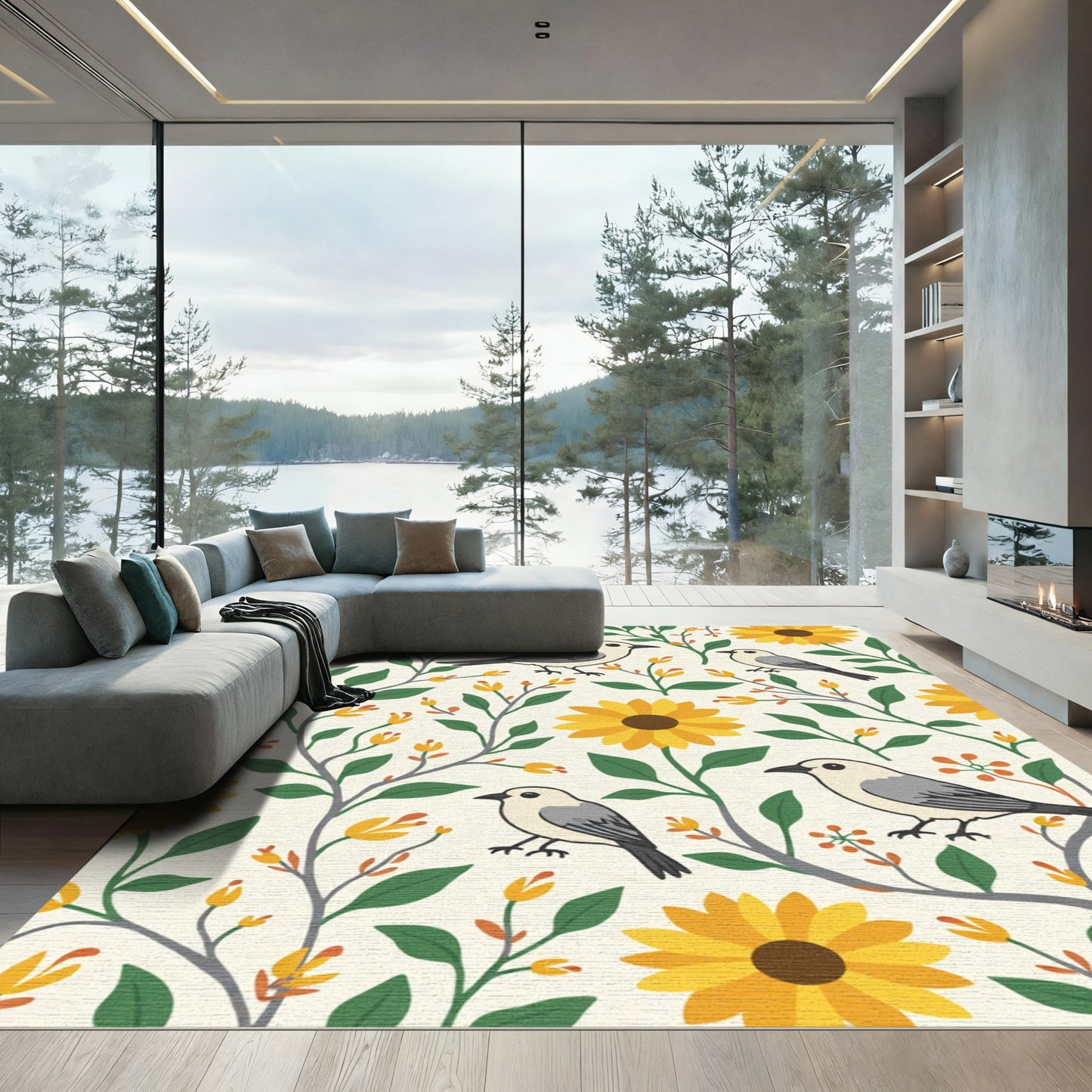 Whimsical Yellow Sunflower Bird Garden Rug