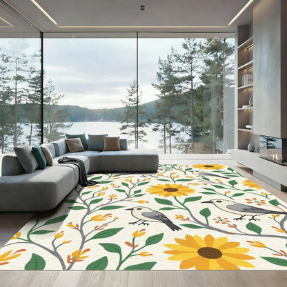Whimsical Yellow Sunflower Bird Garden Rug