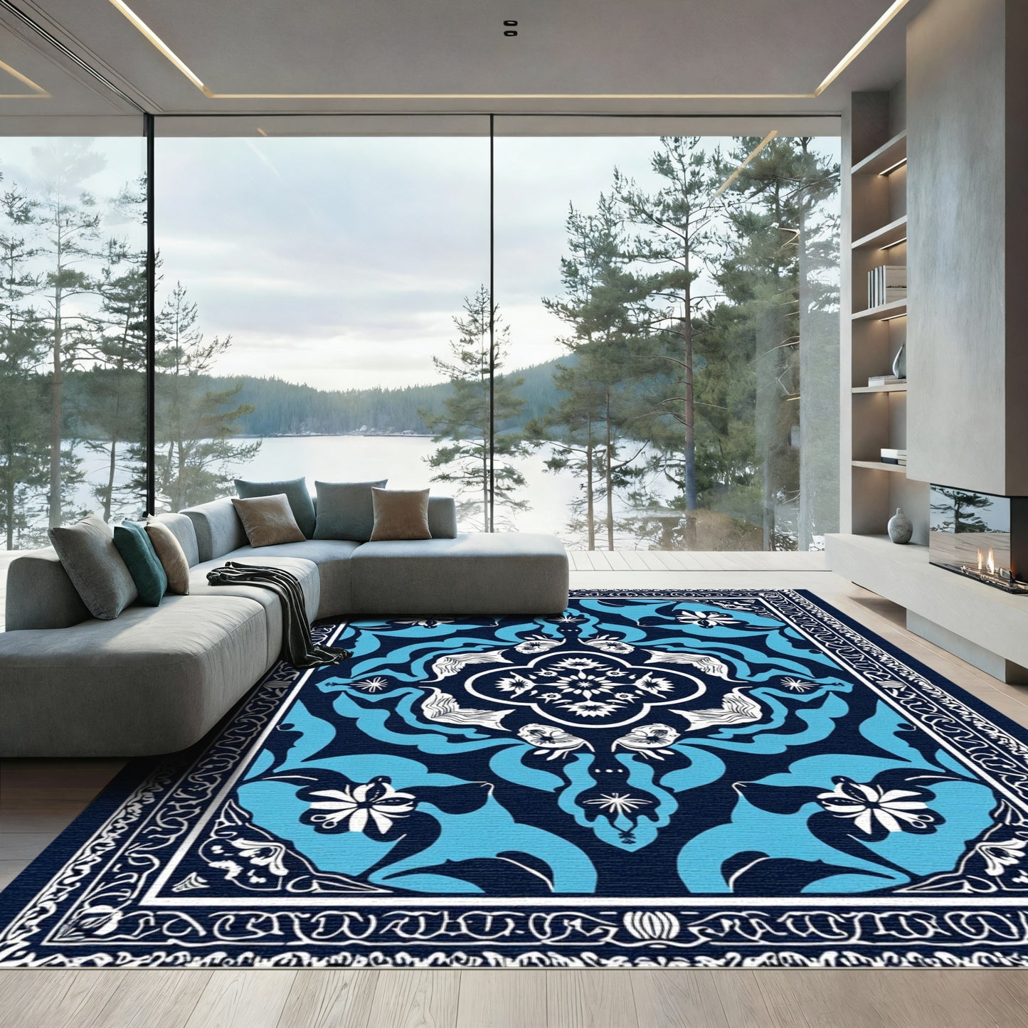 Classic Navy Blue Floral Medallion Rug