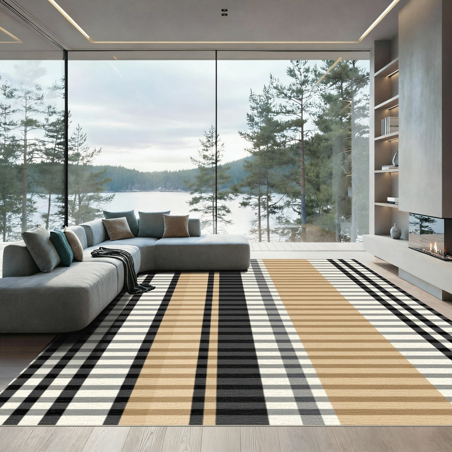 Tan Black White Plaid Stripe Rug