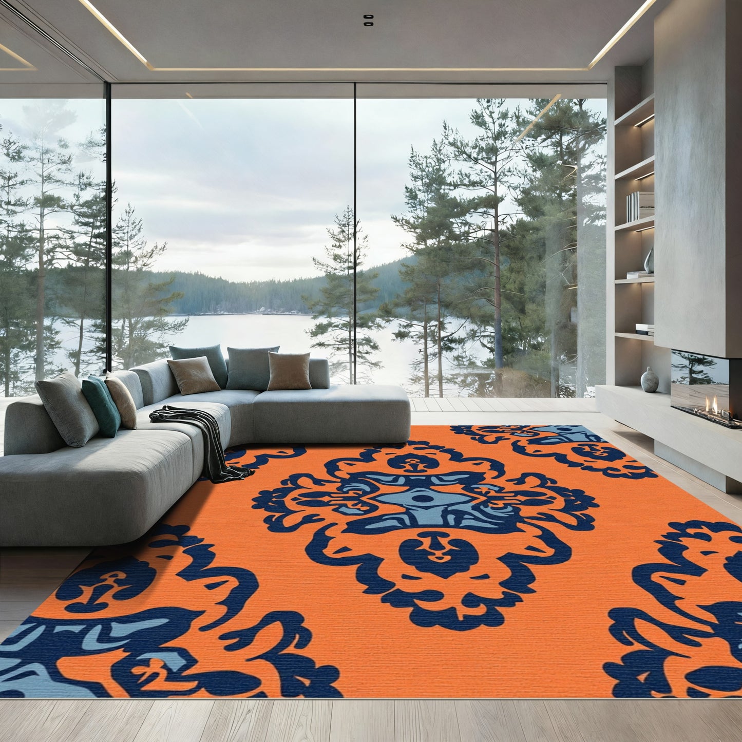 Bold Orange Navy Blue Medallion Rug