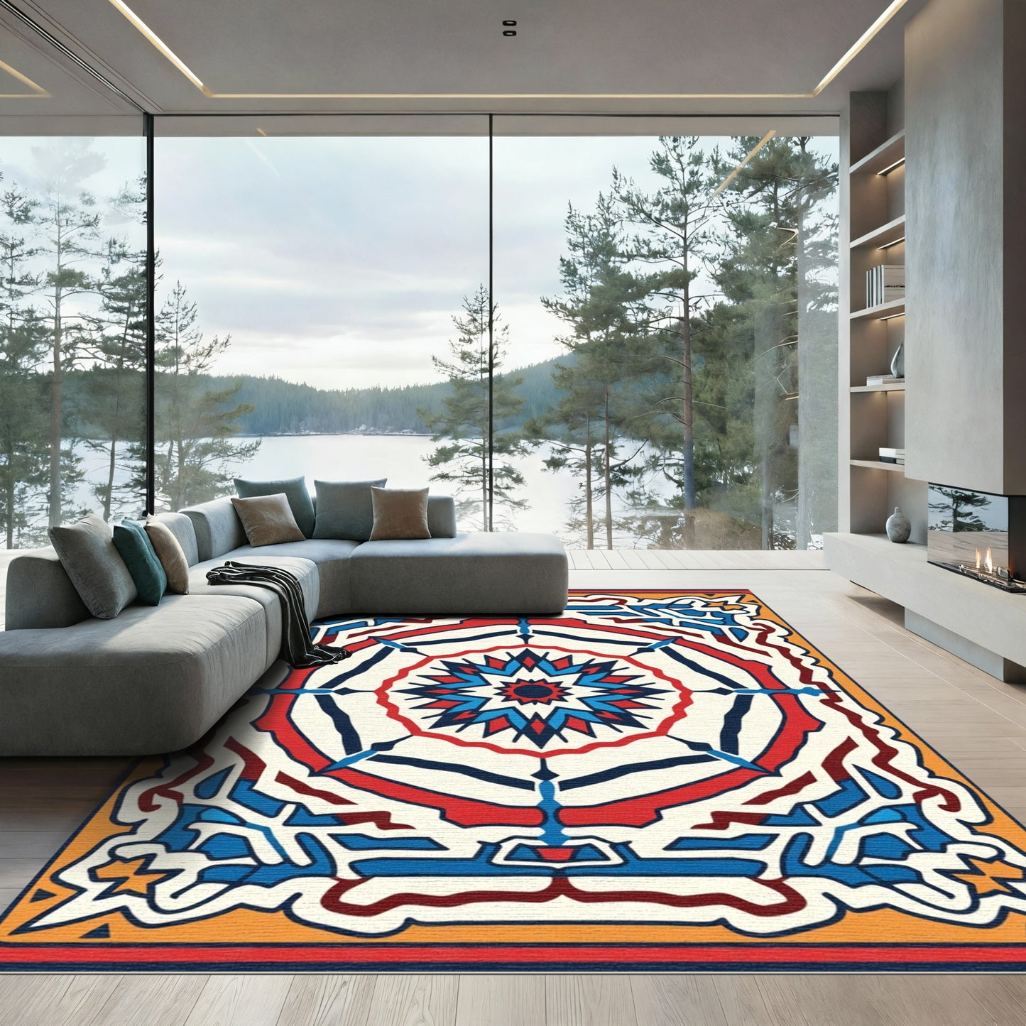 Red Blue Geometric Sunburst Medallion Rug