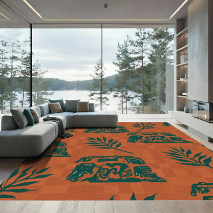 Terracotta Turquoise Figural Leaf Composition Rug