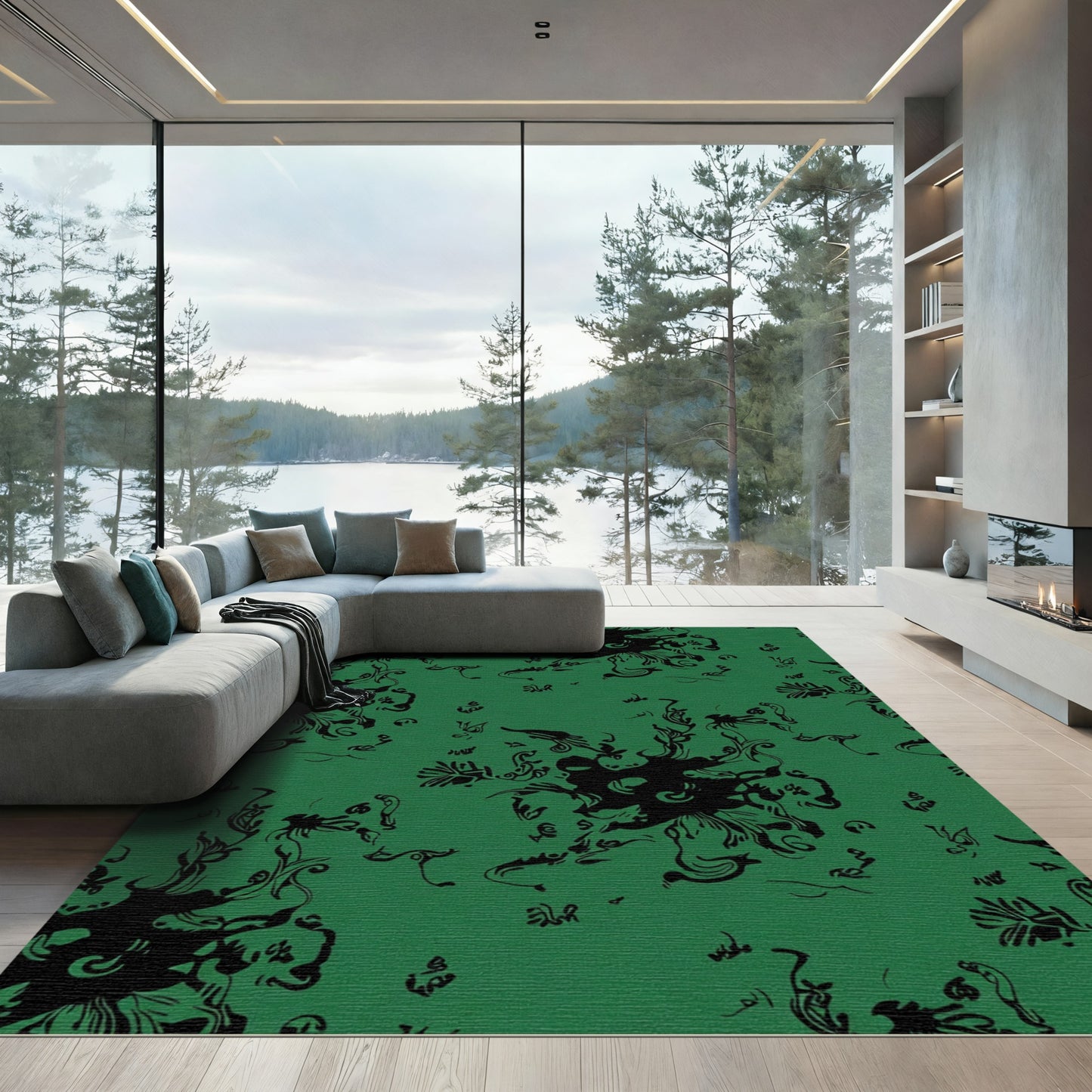 Deep Emerald Abstract Swirl Floral Rug