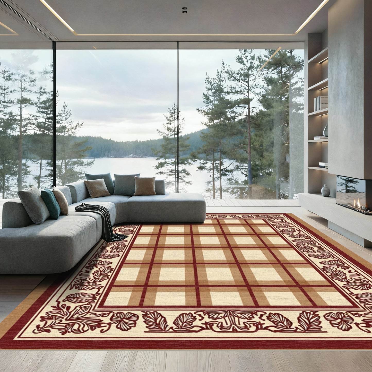 Crimson Tartan Floral Vine Border Rug