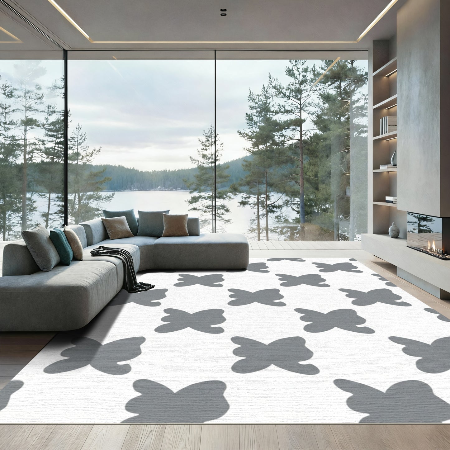 Neutral Gray Butterfly Tile Rug