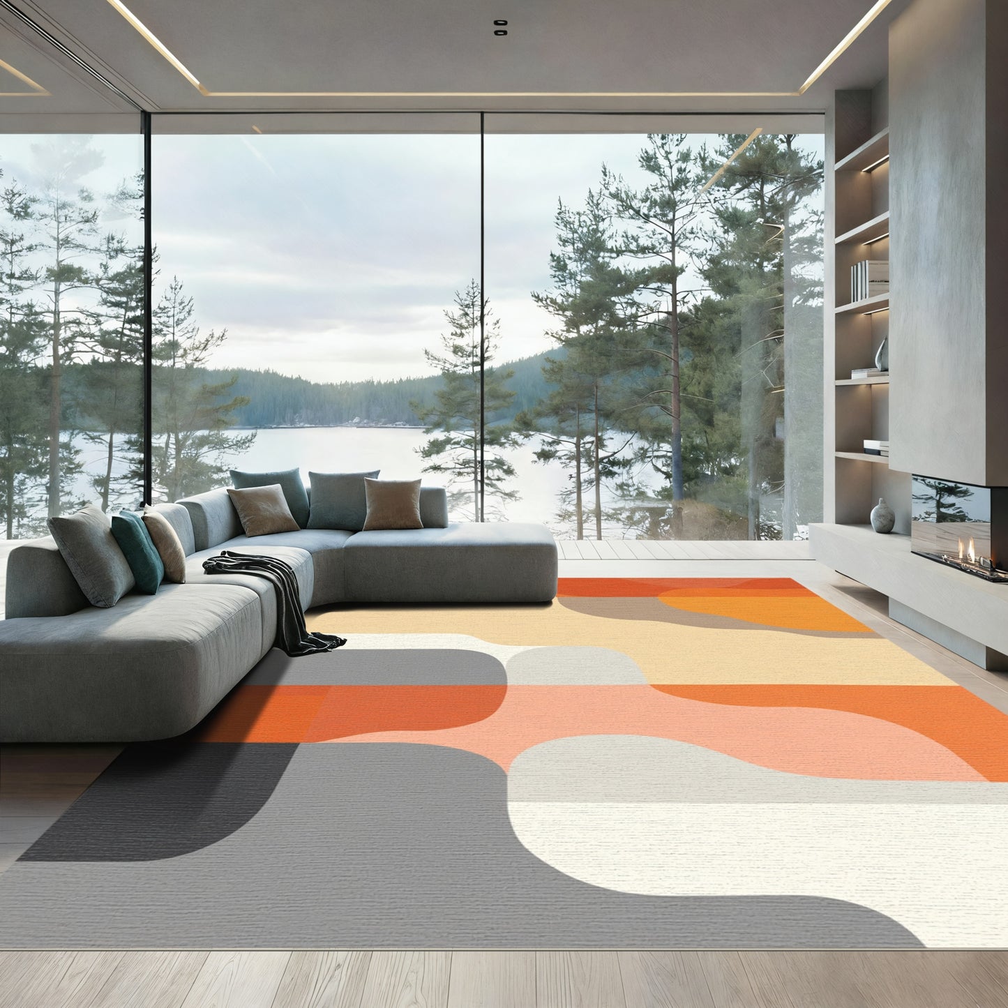 Midcentury Modern Orange Coral Forms Rug
