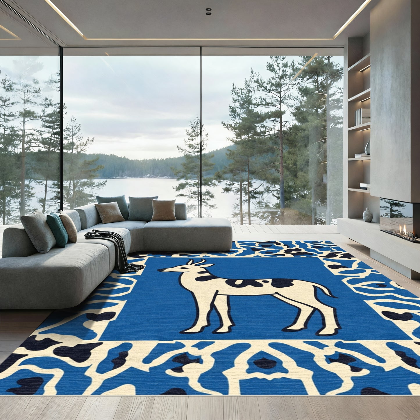 Blue Deer Animal Bordered Rug