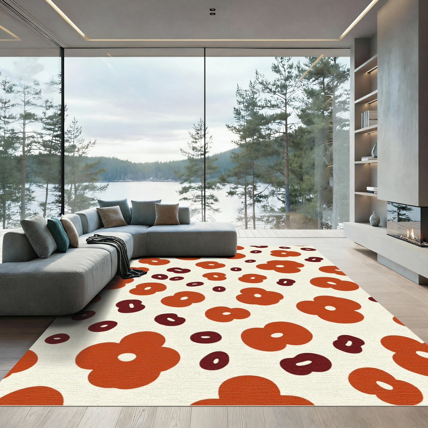 Retro Orange Floral Bean Rug