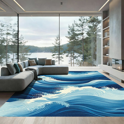 Navy Foamy Swirling Waves Rug