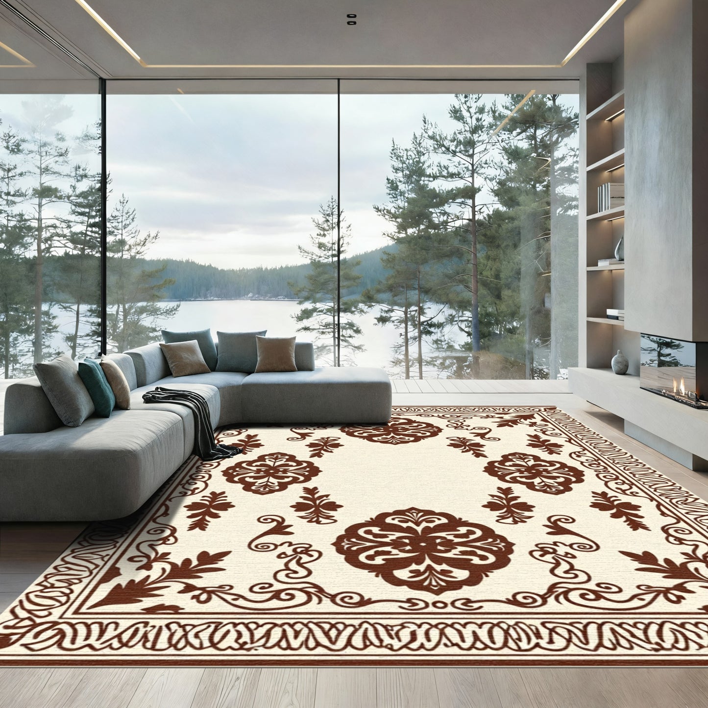 Brown Classic Floral Medallion Border Rug