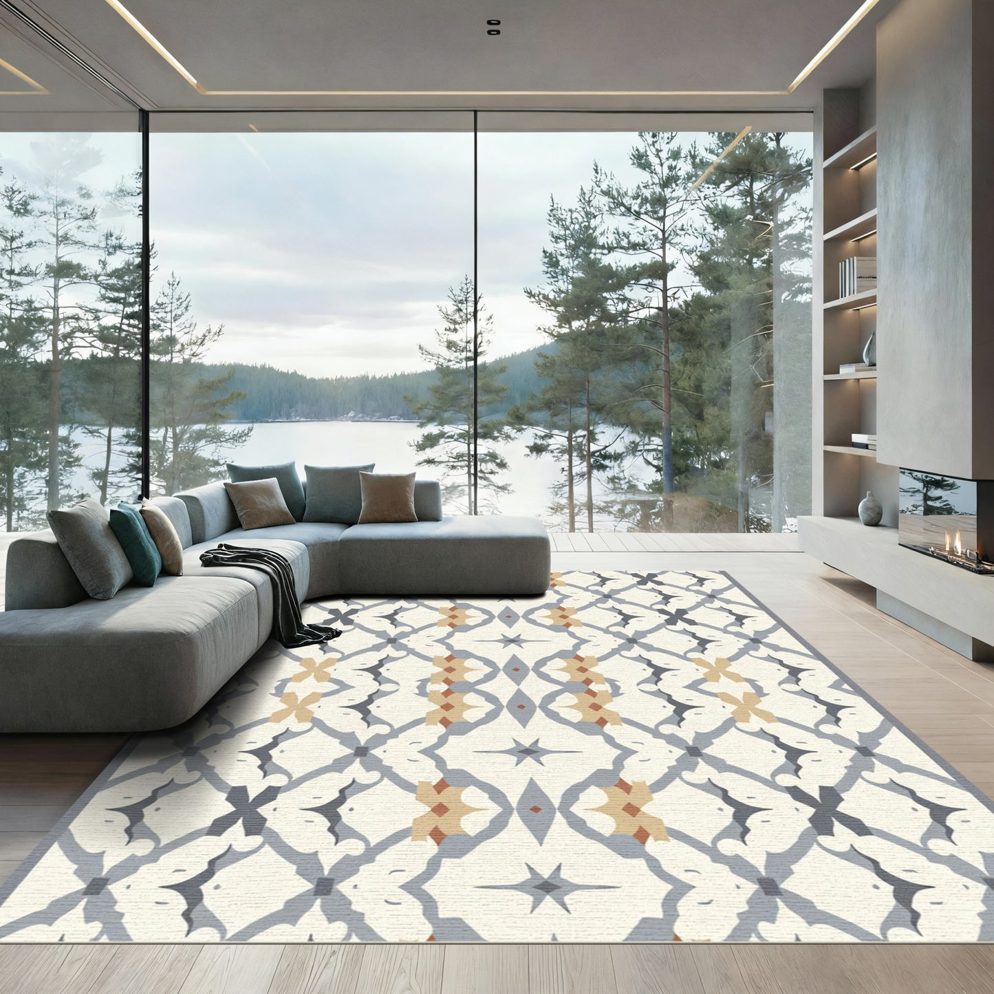 Ornate Gray Tan Diamond Floral Rug