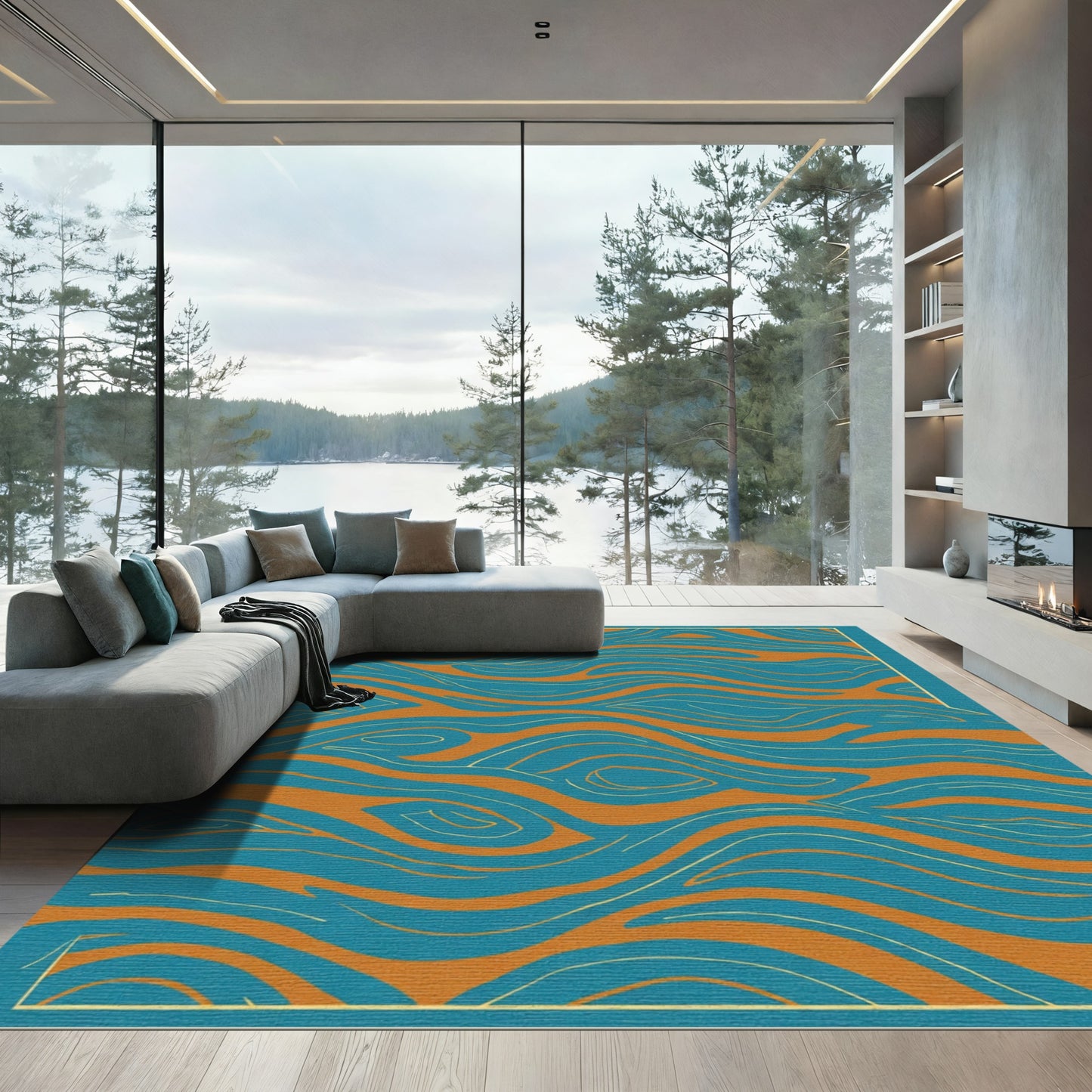 Aqua Orange Wavy Organic Flow Rug