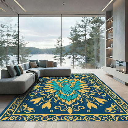 Teal Peacock Floral Blue Border Rug