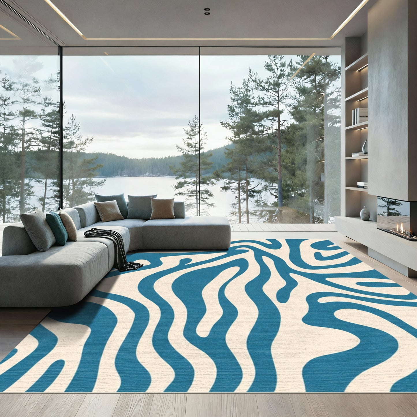 Cream Teal Abstract Swirl Rug