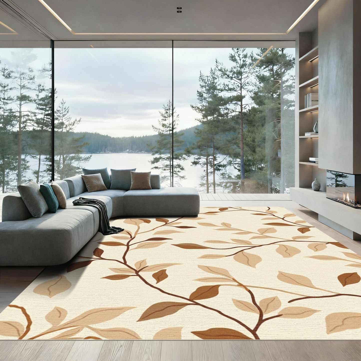 Brown Vine Leaf Cream Background Rug