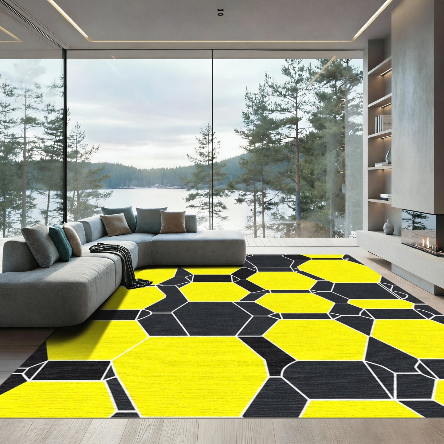 Bright Yellow Hexagon Grid Rug