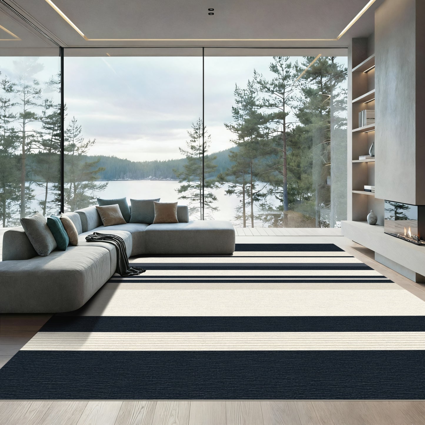 Bold Navy Cream Striped Rug