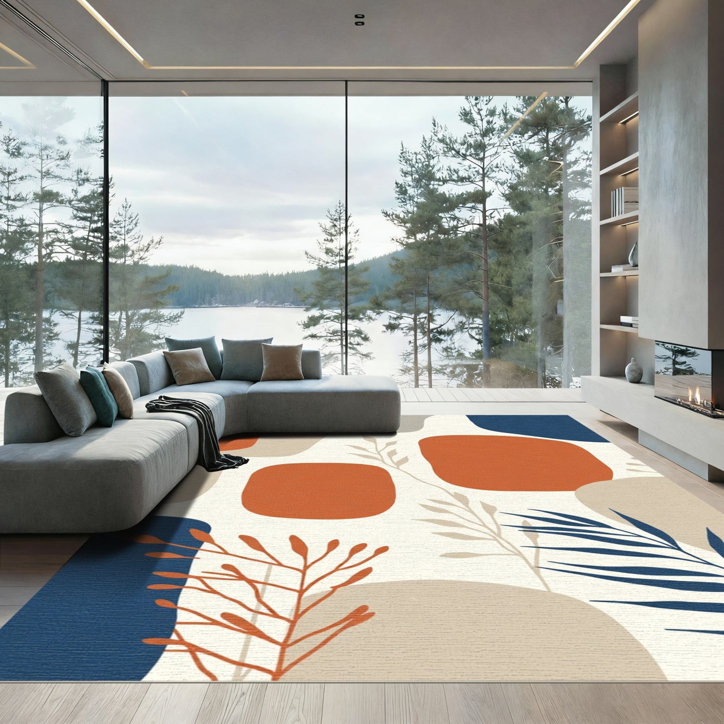 Terracotta Blue Abstract Botanical Shapes Rug
